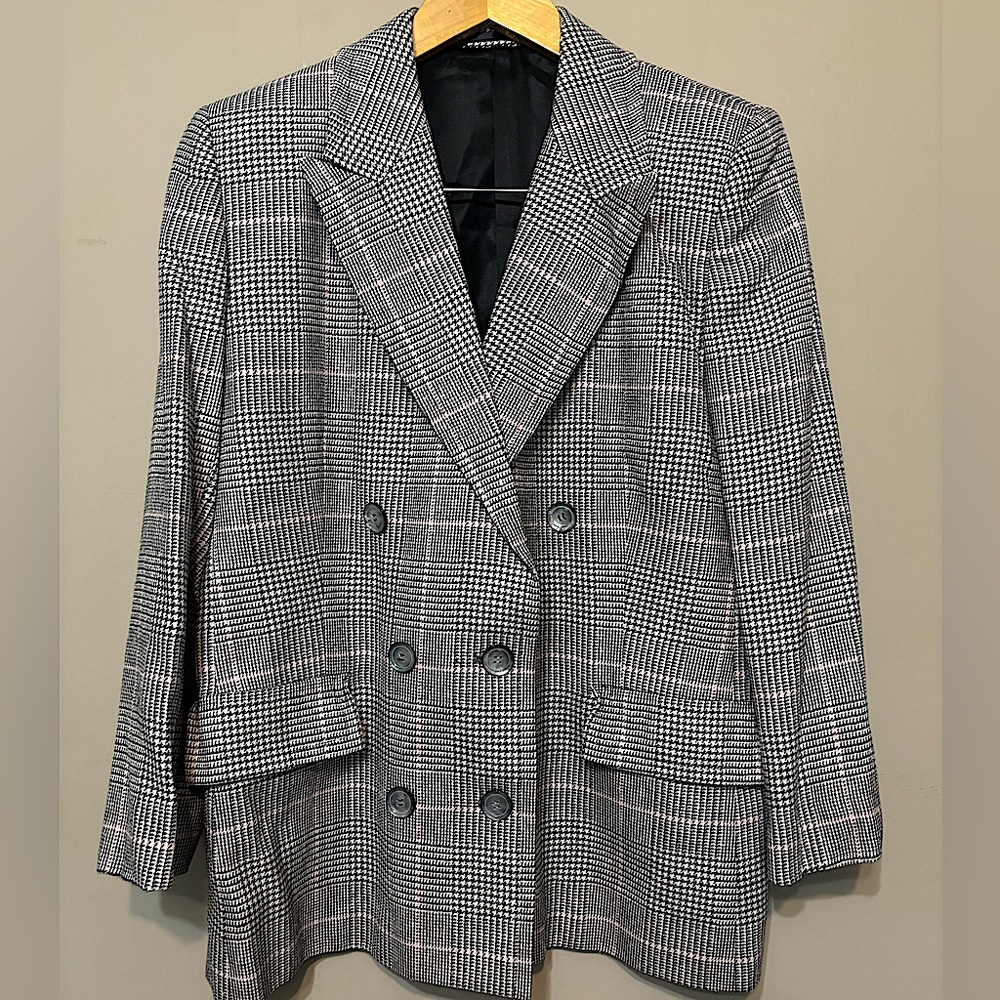 AQUASCUTUM Vintage Ingrid Wool Silk Double Breasted Checked Tailored Blazer
